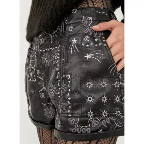 Free People shorts size 0 Raise The Stakes Black Faux Leather Embroidere… - Picture 6 of 8